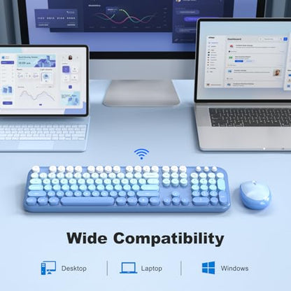 MOFII Wireless Keyboard and Mouse Combo, Full Size 2.4G Retro Round Computer Keyboard and Mouse Set, Plug and Play, for Windows, Computer, Desktop, PC, Notebook - (Blue Gradient) - color: Blue Gradient
