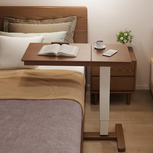 Solid Wood Overbed Bedside Table with Wheels, Adjustable Medical Tilt Top Hospital Bed Table Over The Bed, Rolling Laptop Desk, Mobile Standing Desk for Hospital and Home Use (Walnut) - color: Walnut