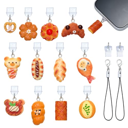 12Pcs New Bread Dust Plug Charm Type C Colorful Phone USB C Dust Plug Charm with Resin Pendants with Cord Loop Cute Charging Port Protector for Phone Reader Accessory Gifts - color: Colorful New Bread