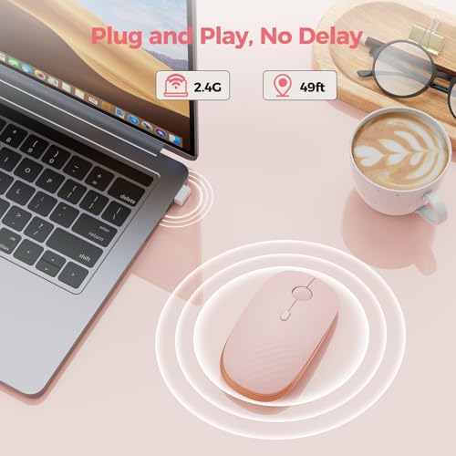 TECKNET Rechargeable Slim Portable Silent Computer 2.4 GHz Wireless Mouse | Lightweight Ambidextrous with USB-A Receiver, 4000 DPI Optical Tracking 90-Day Battery Life, Compatible with PC, Mac, Laptop - color: Rose pink