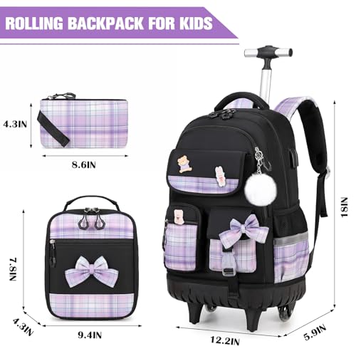 ACESAK Rolling Backpack for Girls - Roller Wheels School bag with Lunch Bag & Pencil Pouch for Teen Girls Kids Wheeled Suitcase Backpacks, Elementary Middle School Travel Daypack (Black Purple) - color: Black