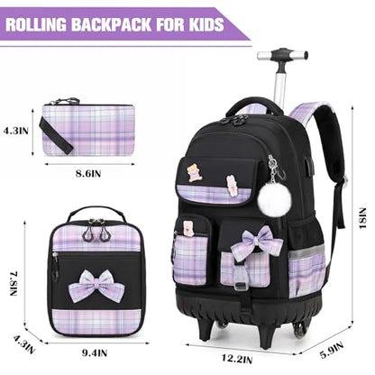 ACESAK Rolling Backpack for Girls - Roller Wheels School bag with Lunch Bag & Pencil Pouch for Teen Girls Kids Wheeled Suitcase Backpacks, Elementary Middle School Travel Daypack (Black Purple) - color: Black
