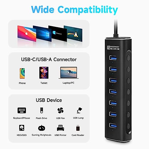 Powered USB Hub, Rosonway 7 Ports USB 3.1/3.2 Gen 2 Hub 10Gbps with 3.3ft USB-A/USB-C Data Cable, Individual Switches and 24W Power Adapter, Aluminum USB C Hub for Laptop and PC, RSH-A107