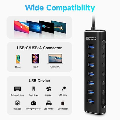 Powered USB Hub, Rosonway 7 Ports USB 3.1/3.2 Gen 2 Hub 10Gbps with 3.3ft USB-A/USB-C Data Cable, Individual Switches and 24W Power Adapter, Aluminum USB C Hub for Laptop and PC, RSH-A107