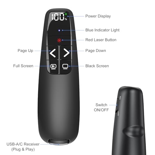 Rechargeable Presentation Clicker with Case, Power Digital Display Wireless Presenter Remote, USB C Red Light Pointer Computer PowerPoint PPT Clickers for Mac Laptop, Slideshow Google Slide Advancer - style: Red Light & Power Display