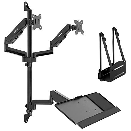 Mount-It! Dual Monitor Arm Wall Mount Workstation with Keyboard Tray & CPU Holder, Height Adjustable Gas Spring Full Motion Computer Station, Fits 17–32” VESA 75x75 100x100, Black - size: Dual Monitor