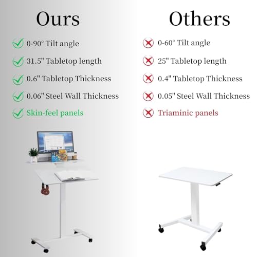 Pneumatic Standing Desk with Wheels - Adjustable Height 28" - 46" & 0-90° Tilt, 31.5" x 17.7" Skin-Feel Desktop, Rolling Computer Desk for Home Office, Hospital, School (White) - color: White