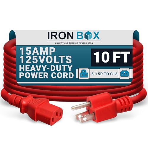 IronBox Electric - Heavy-Duty 5-15P to C13 Power Cord - 3 Prong 15A 125V 14/3 SJT PC Cable - Cord for Computer, Monitor, Subwoofer, Amplifier - Cable for Power Supply - (Red 10 Foot) - color: Red, size: 10 ft