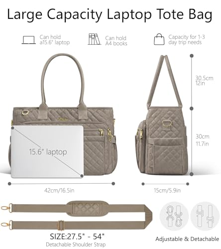 Bagstellar Teacher Tote Bag for Women, 15.6" Laptop Work Tote Computer Bag | Quilted Bible Nurse Bag with 40oz Cup Holder, Insulated Pocket & Strap, Large Laptop Briefcase for School Travel Office Gifts - color: Dark Taupe