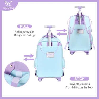 DIGOBAY Rolling Backpack for Girls, Roller Bag with Lunch Box Pencil case | Kawaii Girls Roller Backpack With Wheels School Bookbag With Cute Pins for Elementary Middle School, Aquamarine Purple - color: Aquamarine-purple