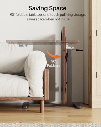 Overbed Table with Wheels, Pneumatic Lift, Foldable Top (Brown) | 0-70° Tilt Desktop Bedside Table, Hidden Casters,1.18 In Low-Profile Base Slides Under Beds and Sofas, Holds 88 Lbs - color: Brown