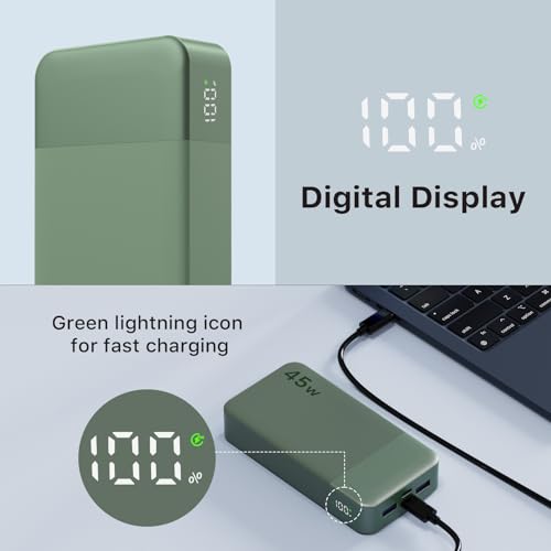 NOBIS Portable Charger 45W 20000mAh Power Bank Fast Charging | 2C+2A Battery Pack with C to C Cable, Battery Bank with Digital Display for iPhone Android Laptop etc - color: Green