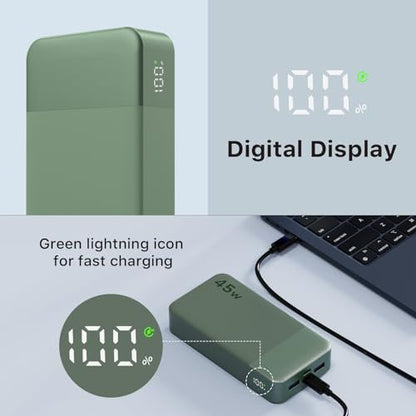 NOBIS Portable Charger 45W 20000mAh Power Bank Fast Charging | 2C+2A Battery Pack with C to C Cable, Battery Bank with Digital Display for iPhone Android Laptop etc - color: Green