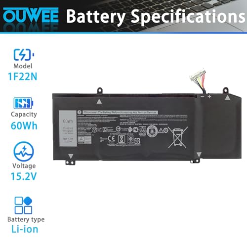 1F22N Laptop Battery for Dell Alienware M15 R1 M17 R1, G5 15 5590 5590-D2783W 5590-D2743B D2842W D2843W D2865B G7 7590 D2785B ALW15M-D1523S, fit for JJPFK 0JJPFK 06YV0V HYWXJ 0HYWXJ 15.2V 60WH - size: 8.75*2.92*0.38 inch 1F22N