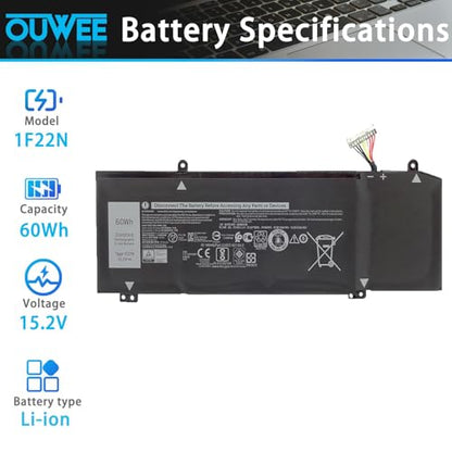 1F22N Laptop Battery for Dell Alienware M15 R1 M17 R1, G5 15 5590 5590-D2783W 5590-D2743B D2842W D2843W D2865B G7 7590 D2785B ALW15M-D1523S, fit for JJPFK 0JJPFK 06YV0V HYWXJ 0HYWXJ 15.2V 60WH - size: 8.75*2.92*0.38 inch 1F22N