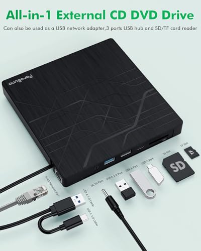 Super External CD DVD Drive, USB 3.0 DVD Burner with Ethernet Adapter, 3 USB and 2 TF/SD Card Ports, CD DVD Player Reader Writer Optical Disk Drive for Laptop MacBook PC Windows 11/10/8/7 Linux Mac OS - color: Textured Black