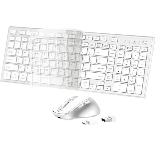Rechargeable Wireless Keyboard and Mouse, with Number Pad Silver | Quiet Silent, Slim Thin Flat Low Profile Soft Key, USB C, with Skin Cover, Ergonomic Mouse, for Mac Windows PC, Home Office - color: Silver