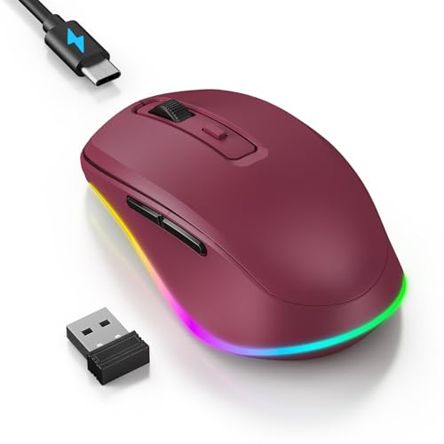 PEIOUS Wireless Mouse Jiggler - Keep Computers Awake, Wine Red | Rechargeable LED Mouse, Silent Clicks, Adjustable DPI and Random Movement Keep Computers Awake for Laptop/PC/Mac - color: Red