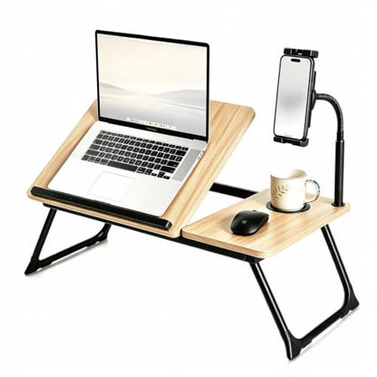 Lap Desk with Tablet Holder for Bed and Sofa, Wood Fin | Fits Laptops up to 17 inch, Built-in Cup Holder, Gooseneck Phone Stand, Extended Mouse Surface, Foldable Alloy Steel Legs - color: Natural
