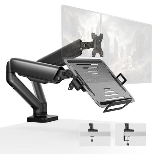 monTEK Dual Arm 2-in-1 Desk Mount, Laptop & Monitor, Fits 12–18" Laptops | Dual Arm Desk Mount with Ventilated Laptop Tray, Works for Laptop + Monitor,Full Motion Arm with Clamp/Grommet, 75/100 VESA - style: Dual Arm