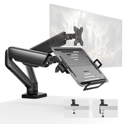 monTEK Dual Arm 2-in-1 Desk Mount, Laptop & Monitor, Fits 12–18" Laptops | Dual Arm Desk Mount with Ventilated Laptop Tray, Works for Laptop + Monitor,Full Motion Arm with Clamp/Grommet, 75/100 VESA - style: Dual Arm