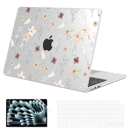 G JGOO Compatible with MacBook Air 15 inch Case 2026 2025 2024 2023 M5 A3448 M4 A3241 M3 A3114 M2 A2941, Protective Plastic Hard Laptop Shell Case + Keyboard Cover + Screen Protector, Florets - color: Clear Florets
