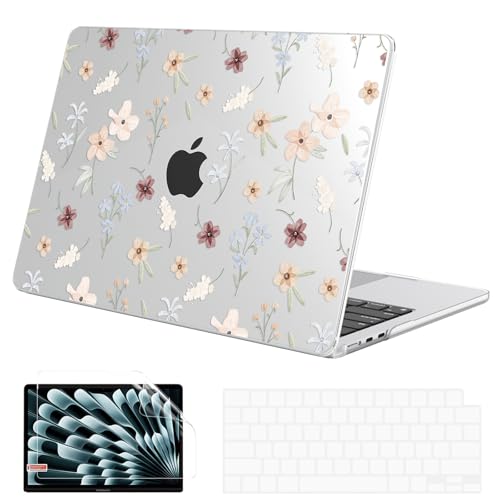 G JGOO Compatible with MacBook Air 15 inch Case 2026 2025 2024 2023 M5 A3448 M4 A3241 M3 A3114 M2 A2941, Protective Plastic Hard Laptop Shell Case + Keyboard Cover + Screen Protector, Florets - color: Clear Florets