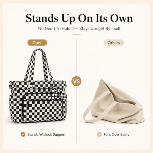 BTOOP Work Tote Bag for Women, Laptop Tote Bag With 15.6 Inch Padded Compartment, Teacher Nurse Bible Bags - color: Black Checkered