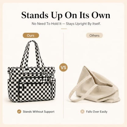 BTOOP Work Tote Bag for Women, Laptop Tote Bag With 15.6 Inch Padded Compartment, Teacher Nurse Bible Bags - color: Black Checkered