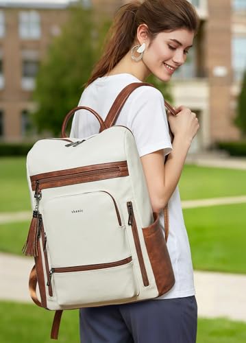 Shrrie Upgraded Large Travel Laptop Backpack with Laptop Compartmetn Fits 17 inch Laptop,Waterproof Vegan Leather Computer Backpack for Women and Men Work Business College - color: Beige With Brown