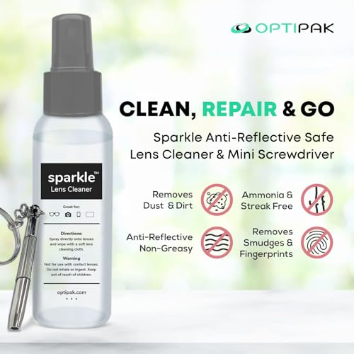 Sparkle Anti-Reflective Safe Lens Cleaner & Repair Kit – (2) 1oz Glasses Cleaner Spray, (2) Microfiber Cloth & Keychain Screwdriver for Eyeglasses, Sunglasses, Lenses & Screens (5 Piece Set) - size: 1 Fl Oz (Pack of 2), style: Silver – 2x1oz Lens Spray +
