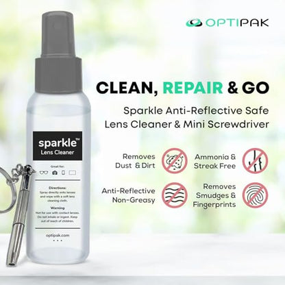 Sparkle Anti-Reflective Safe Lens Cleaner & Repair Kit – (2) 1oz Glasses Cleaner Spray, (2) Microfiber Cloth & Keychain Screwdriver for Eyeglasses, Sunglasses, Lenses & Screens (5 Piece Set) - size: 1 Fl Oz (Pack of 2), style: Silver – 2x1oz Lens Spray +