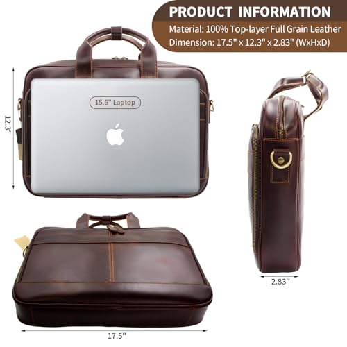 Jack&Chris Full Grain Leather Briefcase for Men, Business Messenger Bag Laptop Bag Attache Case, Fits 15.6 Inch Laptop - color: Mb005-red Coffee