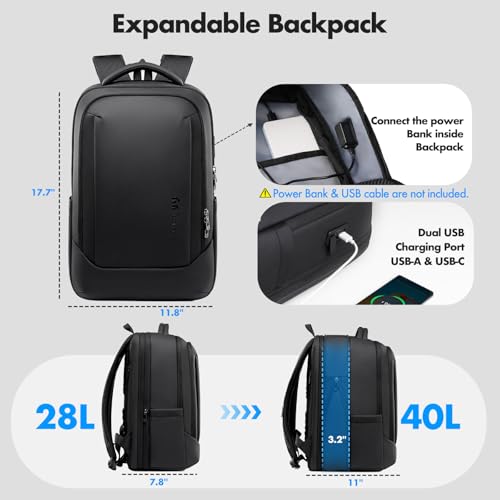 Expandable 16 Inch Laptop Backpack for Men | 40L Travel Backpack with USB-A&C Port, Flight Approved Carry On Backpack, 180° Laptop Compartment, Black