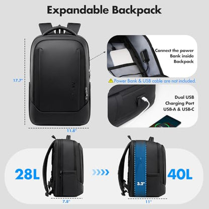 Expandable 16 Inch Laptop Backpack for Men | 40L Travel Backpack with USB-A&C Port, Flight Approved Carry On Backpack, 180° Laptop Compartment, Black
