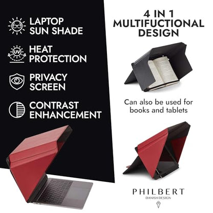 4-in-1 Laptop Screen Shade – Original Lux Hood – Sun, Privacy, Heat & Contrast Protection, Freestanding with Pocket, Fits 15–16” MacBook & PC, Patented, Red | PHILBERT Danish Design - color: Red, size: 15-16in