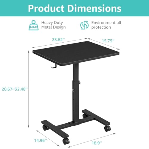 WINAZ Small Portable Laptop Rolling Desk - 24 Inch Mobile Computer Desk Adjustable Height with Wheels for Small Spaces Home Office, Kids Couch Desks Side End Table, Black - color: Black