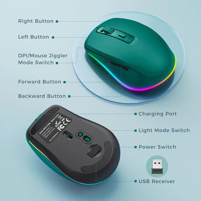 PEIOUS Wireless Mouse Jiggler - LED Wireless Mice with Build-in Mouse Mover, Rechargeable Moving Mouse for Laptop with Undetectable Random Movement Keeps Computers Awake - Dark Green - color: Dark Green