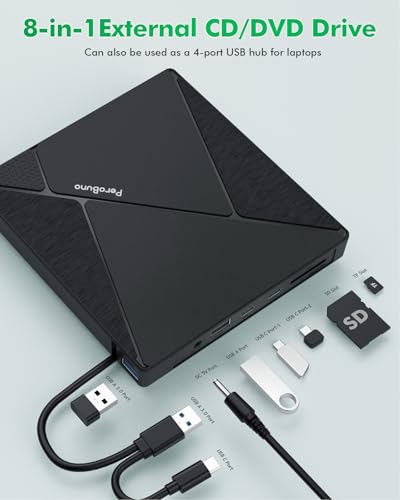 PeroBuno External CD DVD Drive, USB 3.0 Optical Disc Drive, 4 USB Ports and 2 TF/SD Card Slots, CD DVD Burner Writer Reader Player for Laptop MacBook iMac Desktop PC Windows 11/10/8/7/XP Linux Mac OS - color: Grid Black