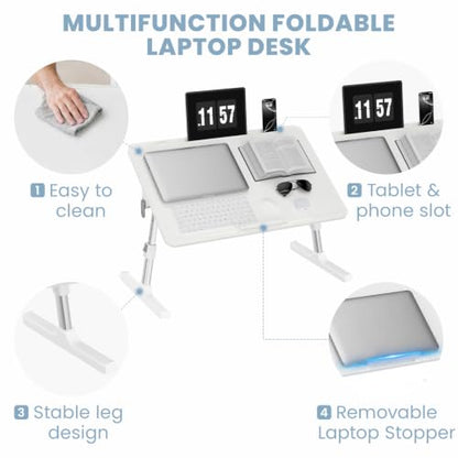 Adjustable Lap Desk, Foldable Laptop Desk for Bed, X-Large Lap Table | 23.6 x 15.7 Inches Bed Laptop Table, Laptop Stand for Couch & Sofa, Laptop Tray for Adults Writing Reading Eating, White - color: White