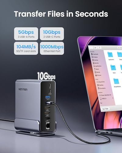 VENTION 15-in-1 Laptop Docking Station Dual Monitor, 360° Roatable Triple Monitor Docking Station with 2 * 4K HDMI and 1*DP, PD 100W Charging for Laptop, 10Gbps USB Port Transfer, RJ45, Audio, SD/TF