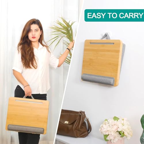 Adjustable Bamboo Lap Desk with Cushion - 5 Tilting Angles Ergonomic Laptop Bed Tray for Computers 15 inches or Less, Phone & Tablet Holder Slot, Dual Bolster for Comfort on Couch, Bed, Sofa & Car - size: 12.6" x 16.8" Angle Adjust