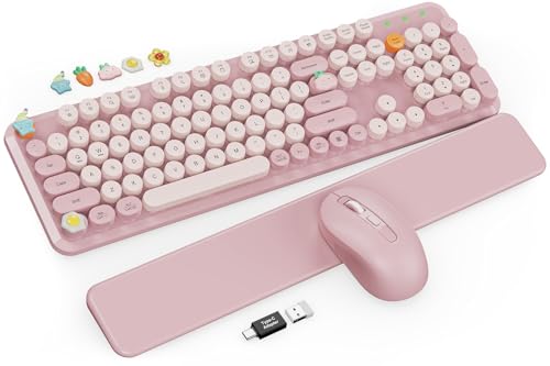 Wireless Keyboard and Mouse Combo, Typewriter Keyboard with Detachable Wrist Rest, Full-Size Retro Round Keycaps, Smart-Sleep, 2.4GHz Stable Connection for Mac/Windows/PC, Trueque(Dusty Rose) - color: Dusty Rose