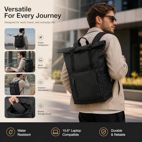 Roll Top Laptop Backpacks for Men & Women, Anti-Theft Travel Backpack Fits 15.6-17.3 Inch Laptop, Water-Resistant Durable Computer Bag for Work, College & Daily Commute (Black) - color: Black