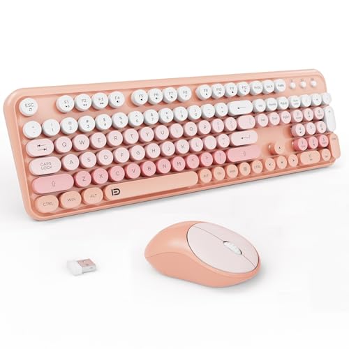 Wireless Keyboard and Mouse Combo,Cute Round Keys,for Long Nail,Orange Pink | Aesthetic Bubble Keys,Retro Typewriter Style,Clicky Sound,2.4GHz USB Receiver,Full-Size with Number Pad for PC Laptop Desktop - color: Pink Wireless Keyboard Mouse