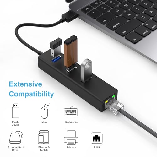 USB-C to Ethernet Adapter, 3-Port USB 3.0 Hub with Gigabit Ethernet, Aluminum USB to RJ45 LAN Network Converter 10/100/1000 Mbps for MacBook, Laptop