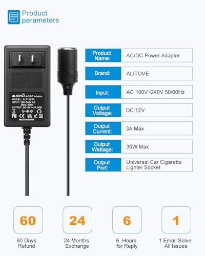 ALITOVE AC to DC Converter 110V to 12V 3A 36W Cigarette Lighter Adapter | Cigarette Lighter to Wall Outlet Adapter 3Amp 2A, AC to DC Adapter for Car Charger Car Dash Cam Car MP3/MP4 Car Fan - size: 3A