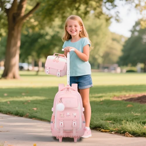 DIGOBAY Rolling Backpack for Girls, Roller Bag with Lunch Box Pencil case | Kawaii Girls Roller Backpack With Wheels School Bookbag With Cute Pins for Elementary Middle School, Pink - color: Pink