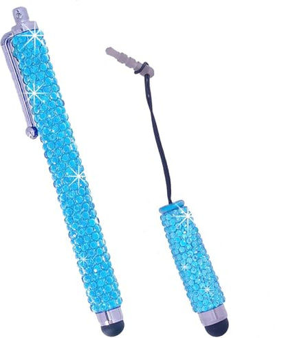 Eco-Fused Universal Bling Stylus Pens - 2 Gem Covered Stylus Pens Compatible with All Capacitive Touchscreen Devices/Microfiber Cleaning Cloth (Light Blue (Long + Short)) - color: Light Blue (Long + short)