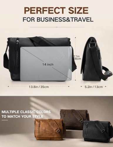 VX VONXURY Messenger Bag for Men, Pu Leather 14 Inch Laptop Briefcase Bag for Work Bussiness and School,Black - color: 14 Inch Black-all Pu Leather